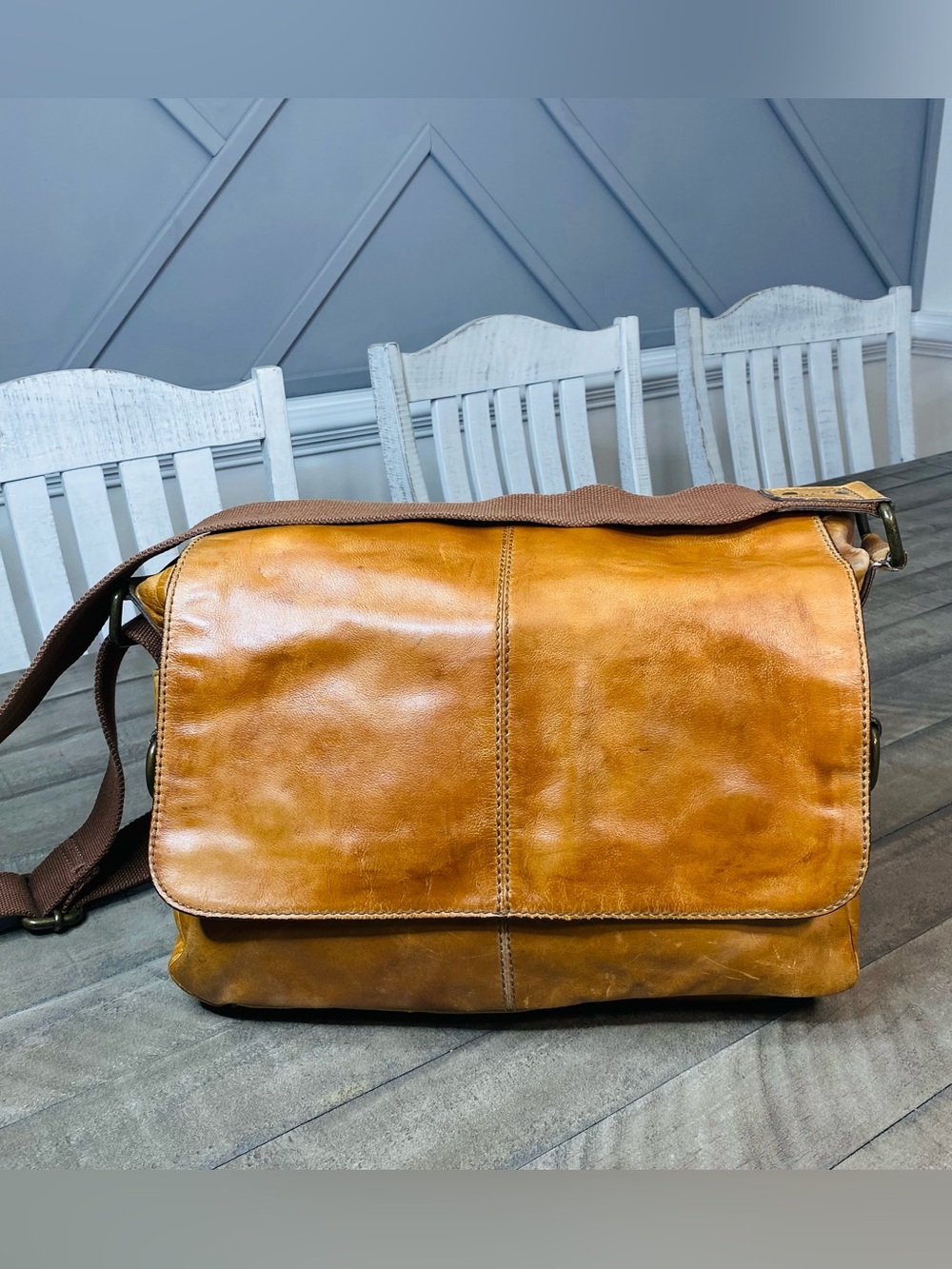 Vintage Fossil Men's Cognac Leather Messenger Bag Crossbody Laptop Briefcase
